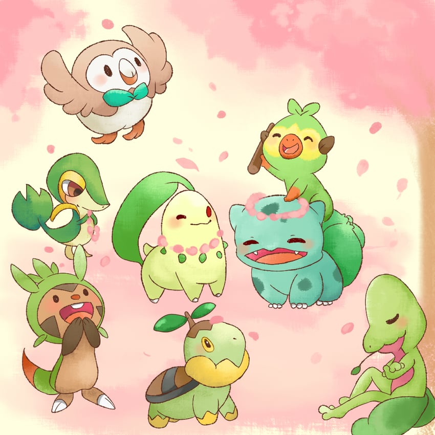 rowlet, bulbasaur, snivy, chikorita, grookey, and 3 more (pokemon) drawn by yuki00yo