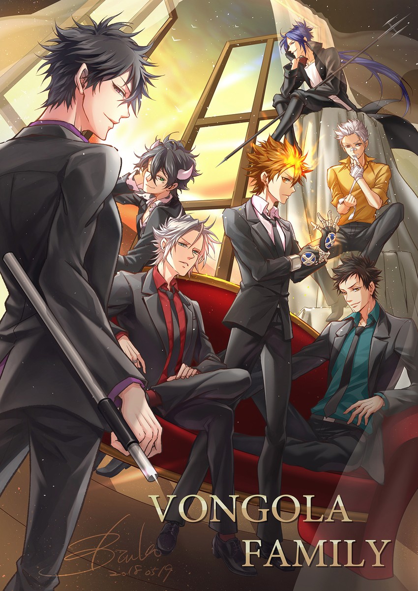 sawada tsunayoshi, rokudou mukuro, hibari kyouya, gokudera hayato, yamamoto takeshi, and 2 more (katekyo hitman reborn!) drawn by bottletulip