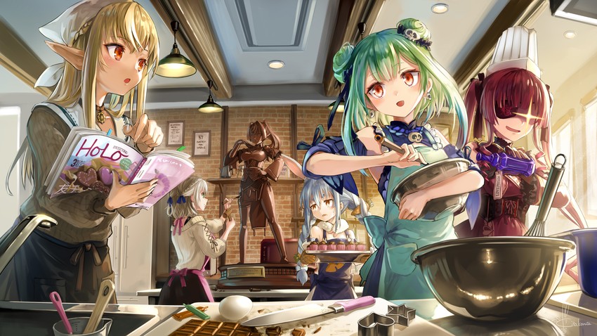houshou marine, usada pekora, shirogane noel, uruha rushia, and shiranui flare (hololive) drawn by kito_koruta