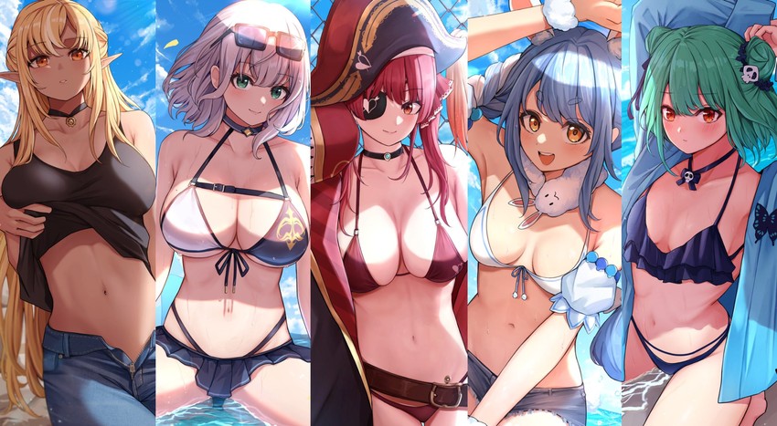 houshou marine, usada pekora, shirogane noel, uruha rushia, shiranui flare, and 1 more (hololive) drawn by dodon_gadon