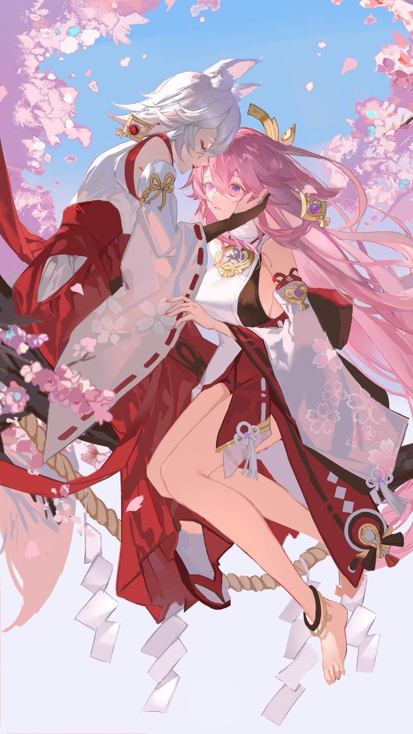yae miko and kitsune saiguu (genshin impact) drawn by weifengbing