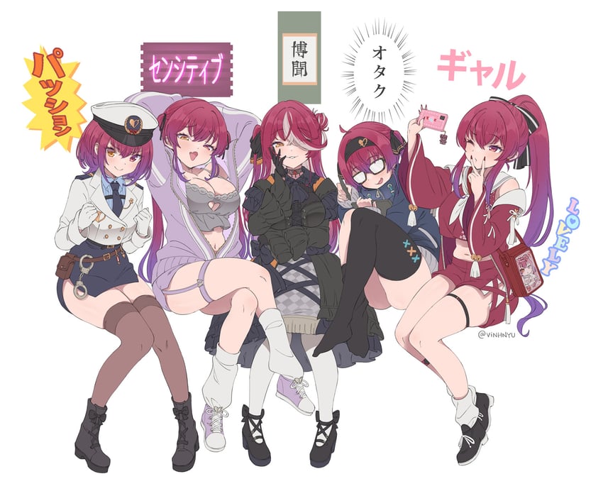 houshou marine, shirakami fubuki, nekomata okayu, ookami mio, oozora subaru, and 2 more (hololive and 1 more) drawn by vinhnyu