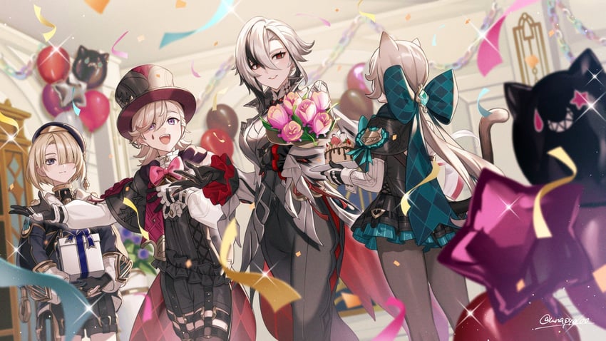 arlecchino, lynette, lyney, and freminet (genshin impact) drawn by unapoppo