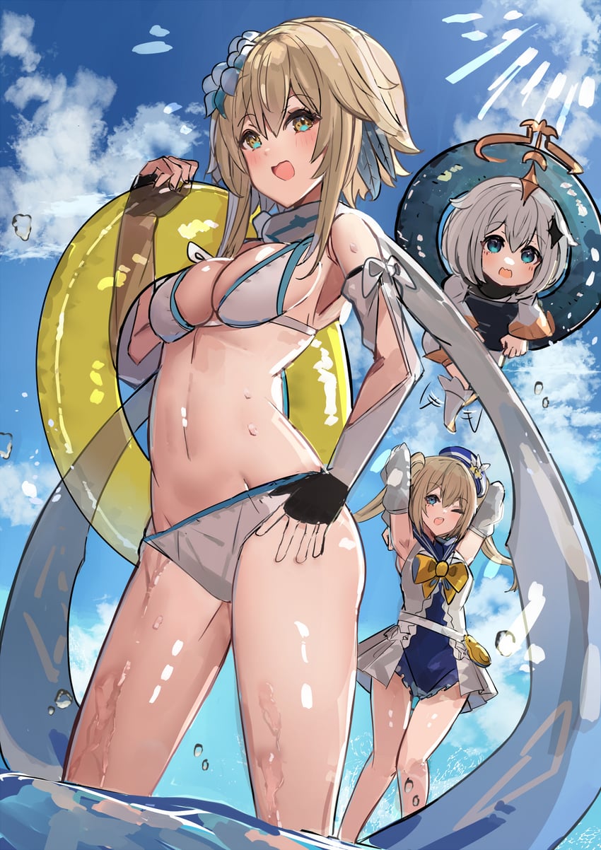 lumine, paimon, and barbara (genshin impact) drawn by the_olphy