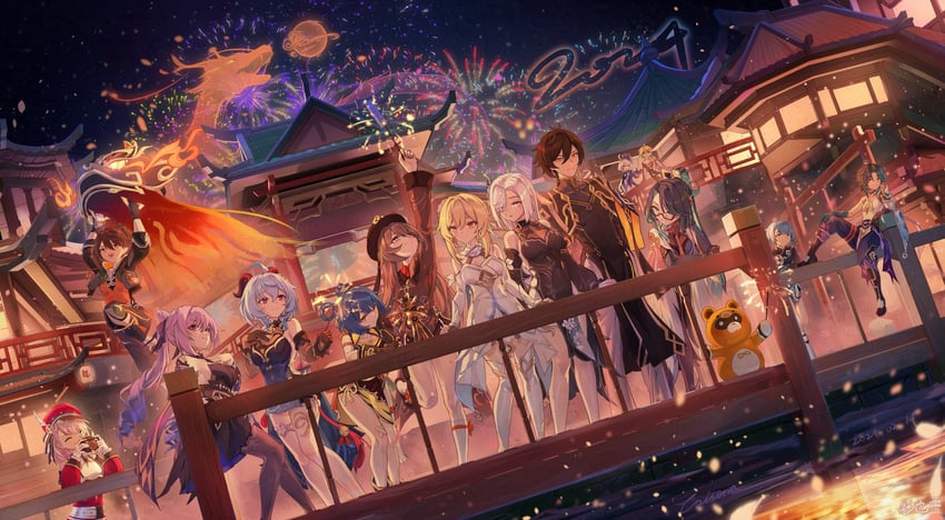 ganyu, lumine, hu tao, aether, furina, and 10 more (genshin impact) drawn by caisena