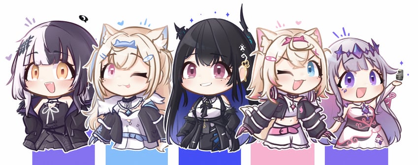 shiori novella, nerissa ravencroft, fuwawa abyssgard, mococo abyssgard, and koseki bijou (hololive and 1 more) drawn by moon_ldl