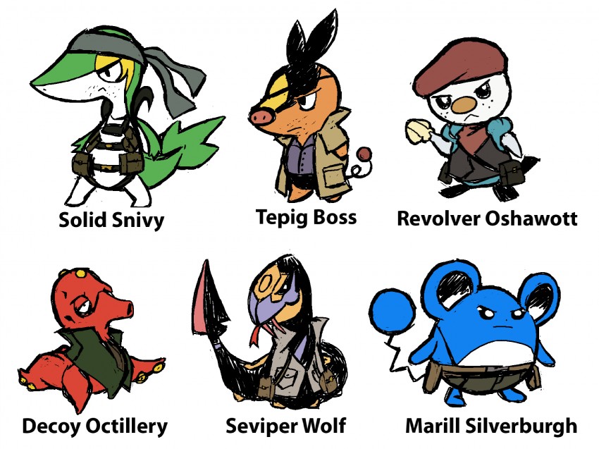 oshawott, snivy, tepig, marill, solid snake, and 7 more (pokemon and 2 more)