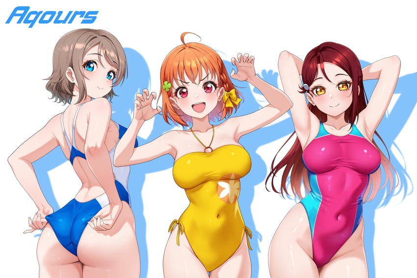 watanabe you, sakurauchi riko, and takami chika (love live! and 1 more) drawn by 4ddd
