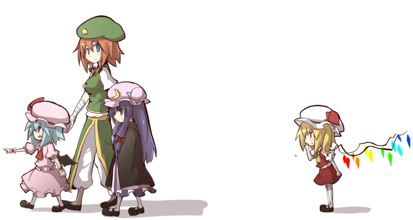 remilia scarlet, flandre scarlet, patchouli knowledge, and hong meiling (touhou) drawn by asyura_kumo