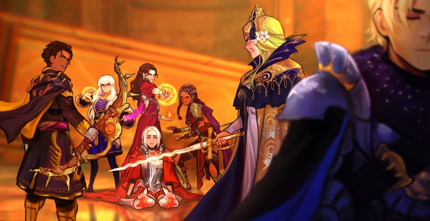 edelgard von hresvelg, dimitri alexandre blaiddyd, lysithea von ordelia, claude von riegan, dorothea arnault, and 2 more (fire emblem and 2 more) drawn by sethkiel