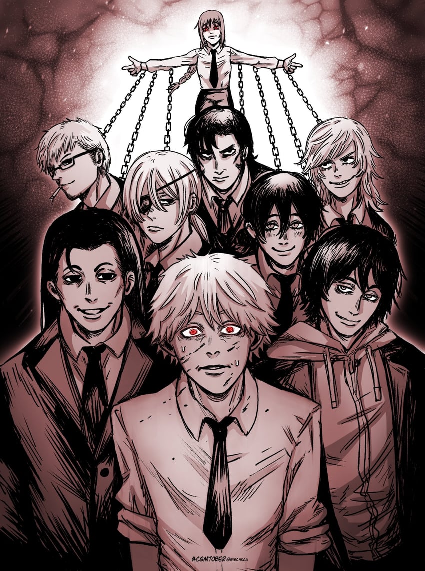 makima, denji, reze, quanxi, katana man, and 4 more (chainsaw man) drawn by wischkaa
