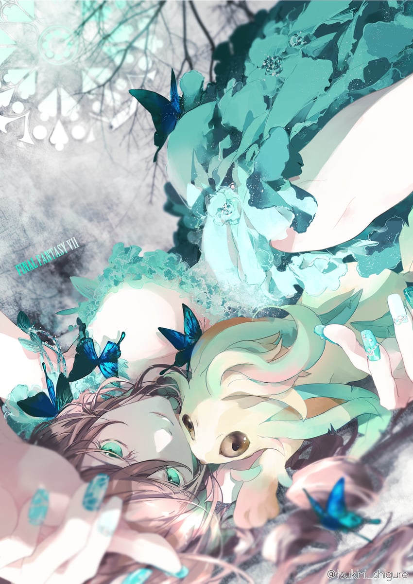 aerith gainsborough and carbuncle (final fantasy and 1 more) drawn by tsukini_shigure