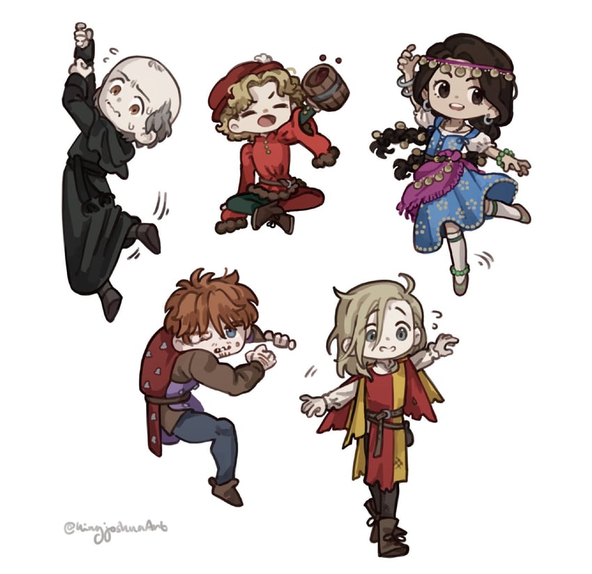 claude frollo, la esmeralda, quasimodo, gringoire, and jehan frollo (the hunchback of notre dame) drawn by kingjoshua