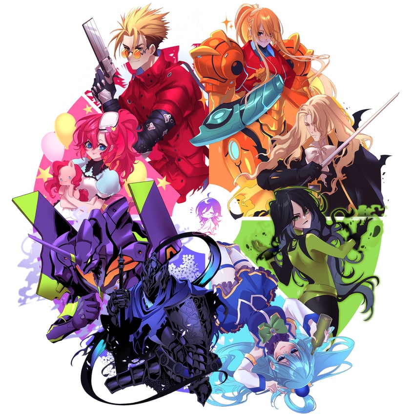 samus aran, aqua, vash the stampede, eva 01, pinkie pie, and 3 more (neon genesis evangelion and 11 more) drawn by rawder