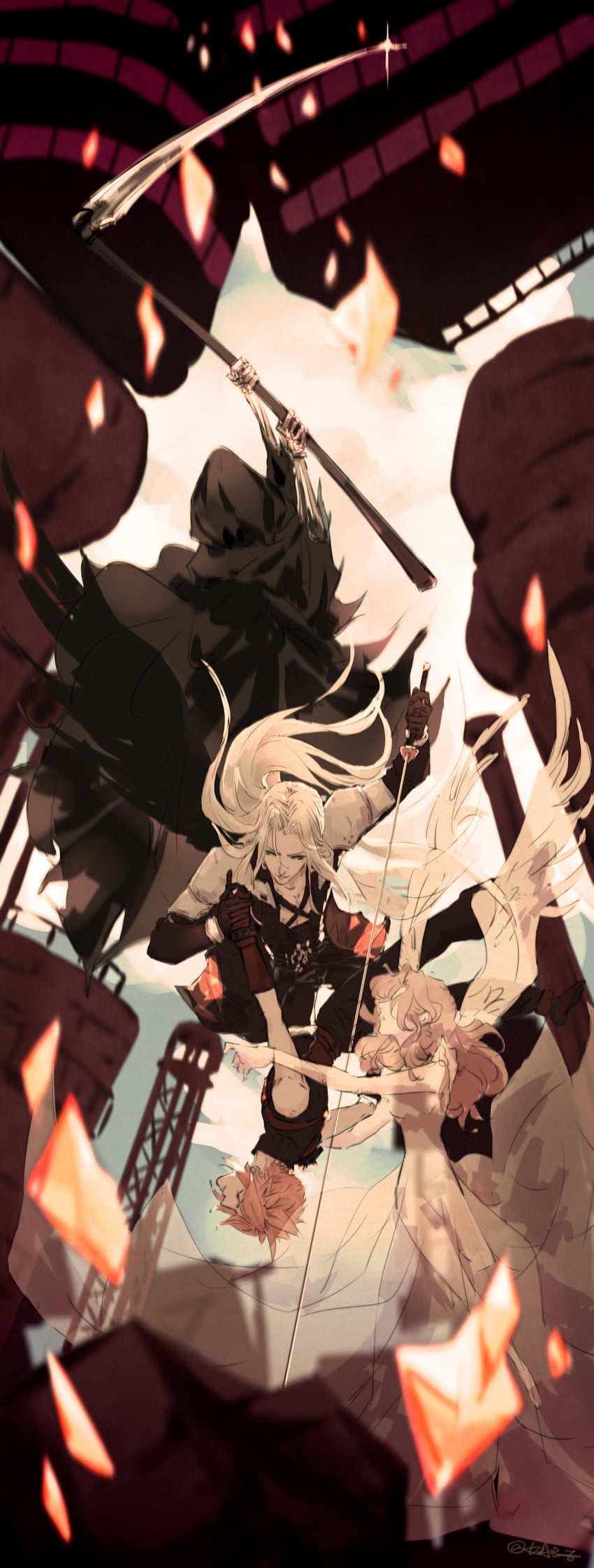 cloud strife, aerith gainsborough, sephiroth, death, and grim reaper (final fantasy and 2 more) drawn by kabe37