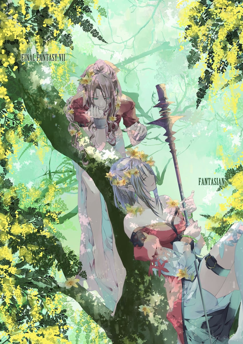 aerith gainsborough and kina (final fantasy and 2 more) drawn by tsukini_shigure
