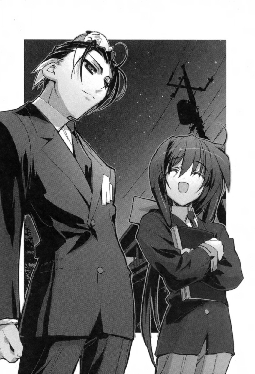 shinjou sadagiri, sayama mikoto, shinjou setsu, and baku (owari no chronicle) drawn by satoyasu