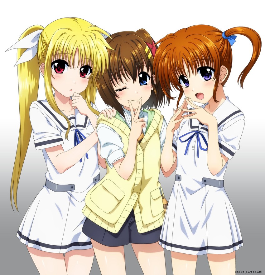 fate testarossa, takamachi nanoha, and yagami hayate (lyrical nanoha and 1 more) drawn by kawakami_shuuichi