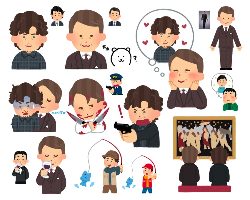 hannibal lecter, will graham, and mads mikkelsen (irasutoya and 1 more) drawn by matomai