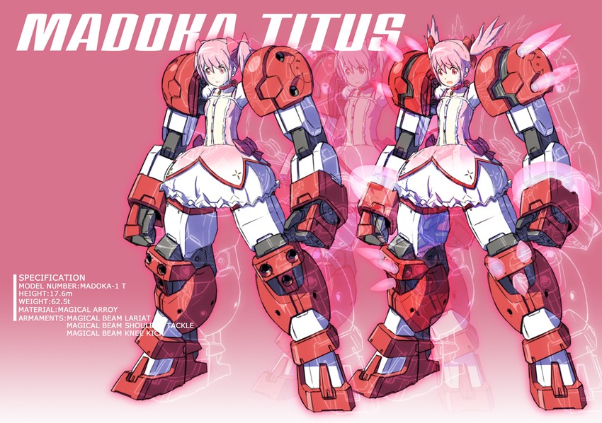kaname madoka, gundam age-1, and gundam age-1 titus (mahou shoujo madoka magica and 2 more) drawn by sukekiyo56