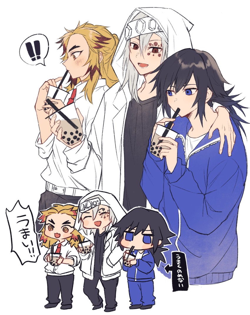 rengoku kyoujurou, tomioka giyuu, and uzui tengen (kimetsu no yaiba and 1 more) drawn by coyucom
