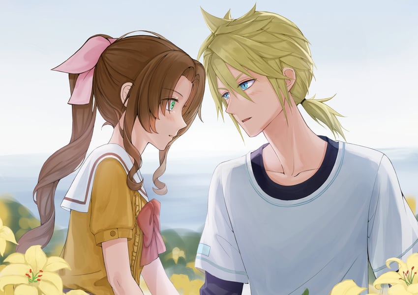 cloud strife and aerith gainsborough (final fantasy and 2 more) drawn by yaoko
