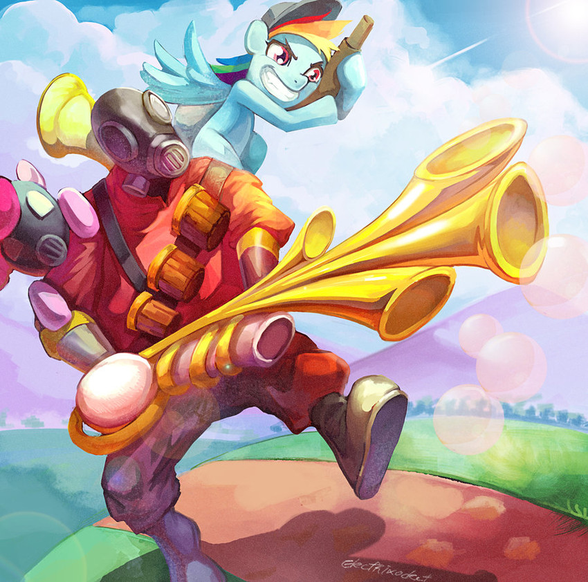 rainbow dash, pinkie pie, pyro, and red pyro (my little pony and 2 more) drawn by gooloomy