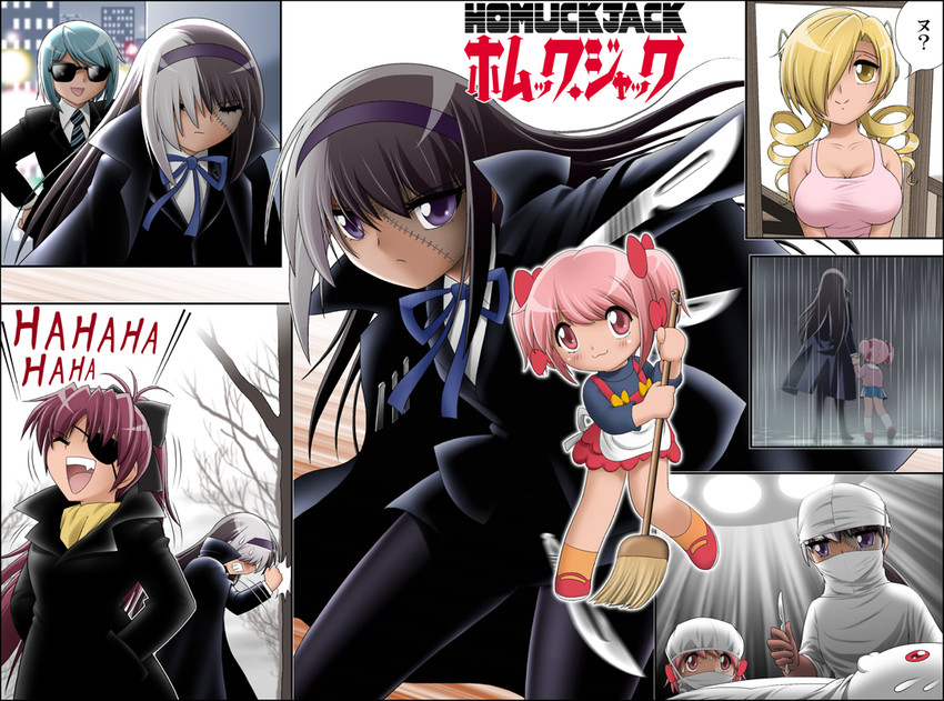 akemi homura, kaname madoka, miki sayaka, sakura kyoko, tomoe mami, and 1 more (mahou shoujo madoka magica and 1 more) drawn by shingyouji_tatsuya
