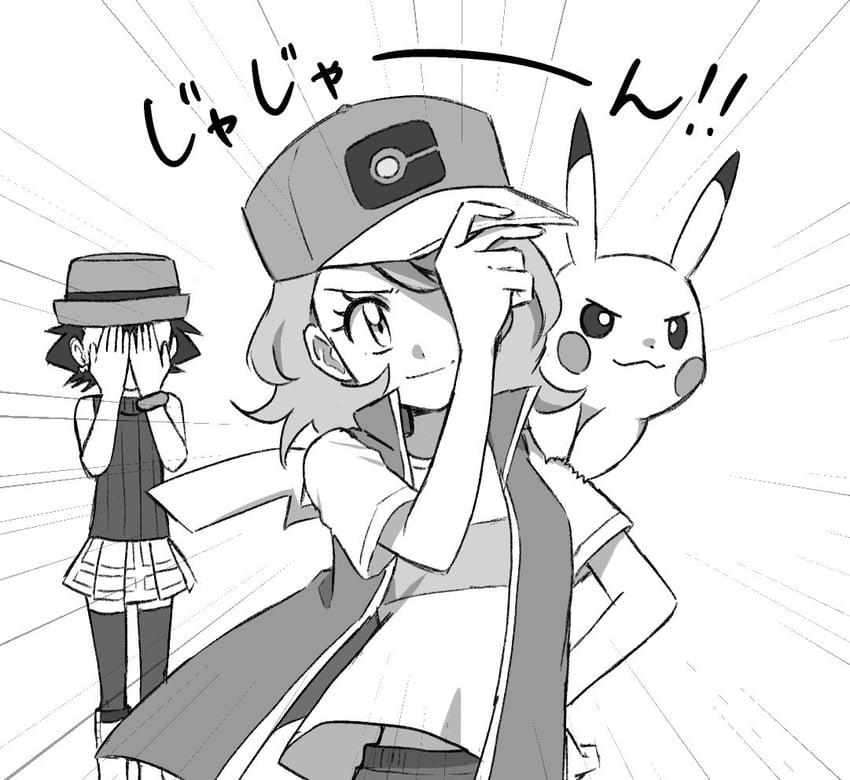 pikachu, ash ketchum, and serena (pokemon and 1 more) drawn by ivo_no_ito