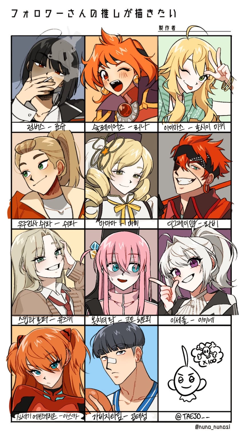 tomoe mami, souryuu asuka langley, gotoh hitori, hoshii miki, ryoshu, and 6 more (original and 12 more) drawn by taejo_(taejo68)