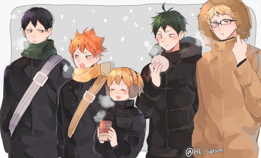 hinata shouyou, kageyama tobio, tsukishima kei, yachi hitoka, and yamaguchi tadashi (haikyuu!!) drawn by joman