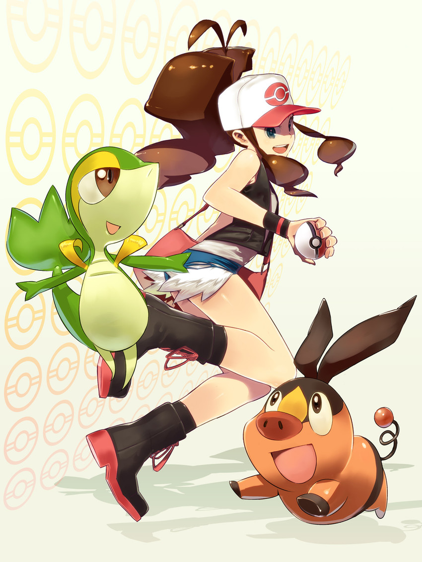 hilda, snivy, and tepig (pokemon and 1 more) drawn by saba_(sabe)
