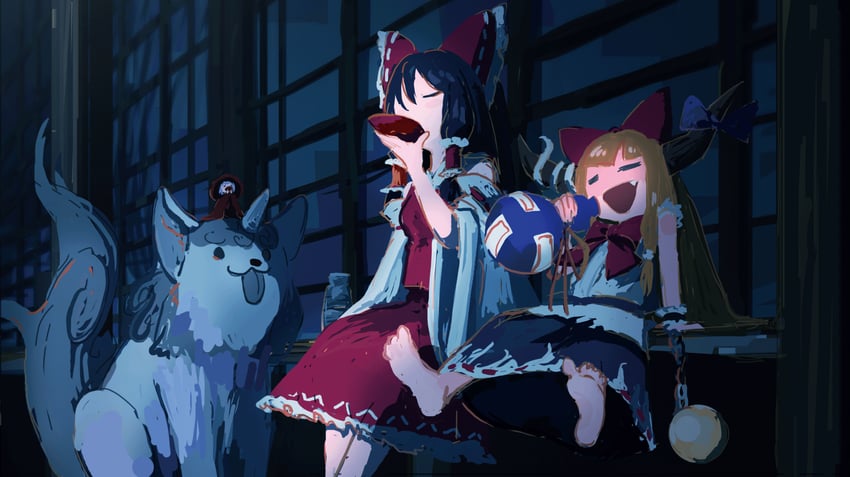 hakurei reimu, ibuki suika, sukuna shinmyoumaru, and komano aunn (touhou) drawn by haruaki_(onkai_planaria)