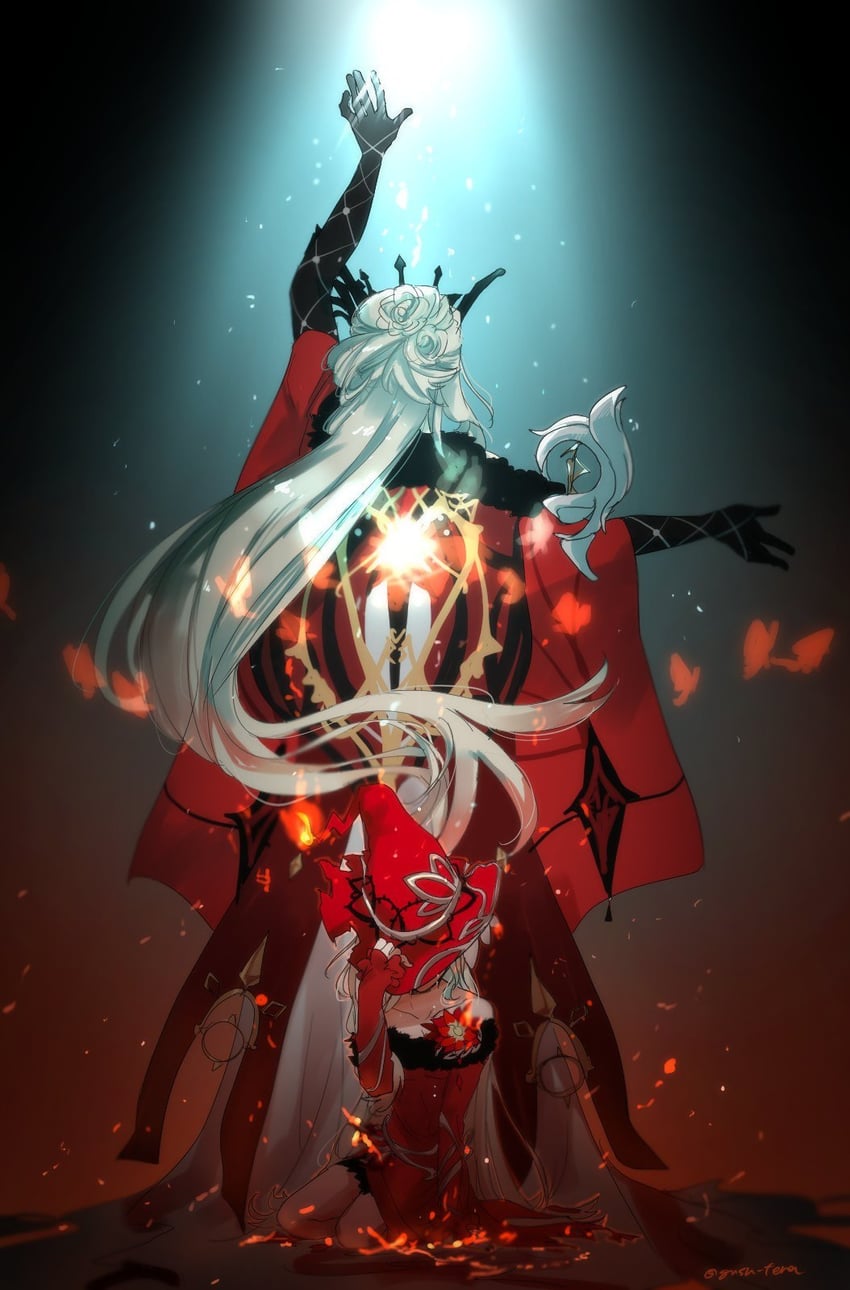 crimson lotus moth and signora (genshin impact) drawn by gnsn_tera