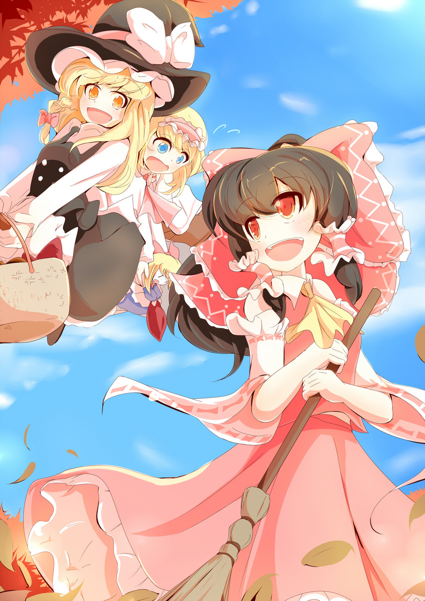 hakurei reimu, kirisame marisa, alice margatroid, and shanghai doll (touhou) drawn by kurukuruchocolate
