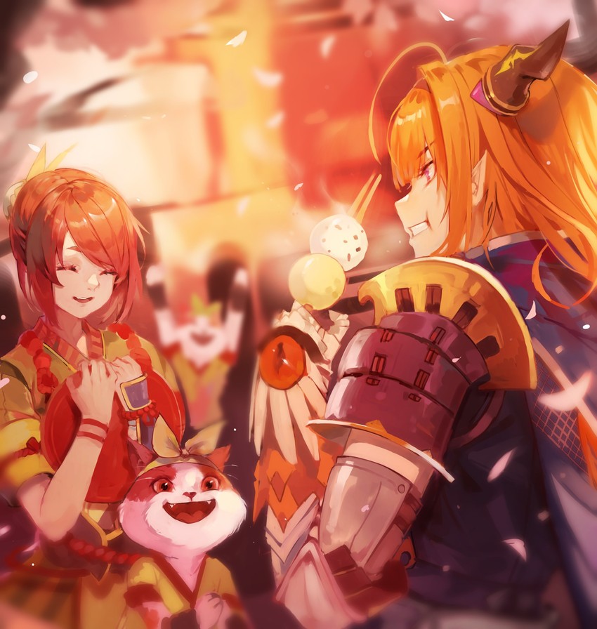 kiryu coco, yomogi, and tea shop felyne (hololive and 2 more) drawn by dokuro_deluxe