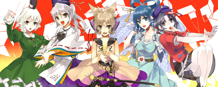 toyosatomimi no miko, mononobe no futo, kaku seiga, miyako yoshika, and soga no tojiko (touhou) drawn by kotobuki_(medetai)