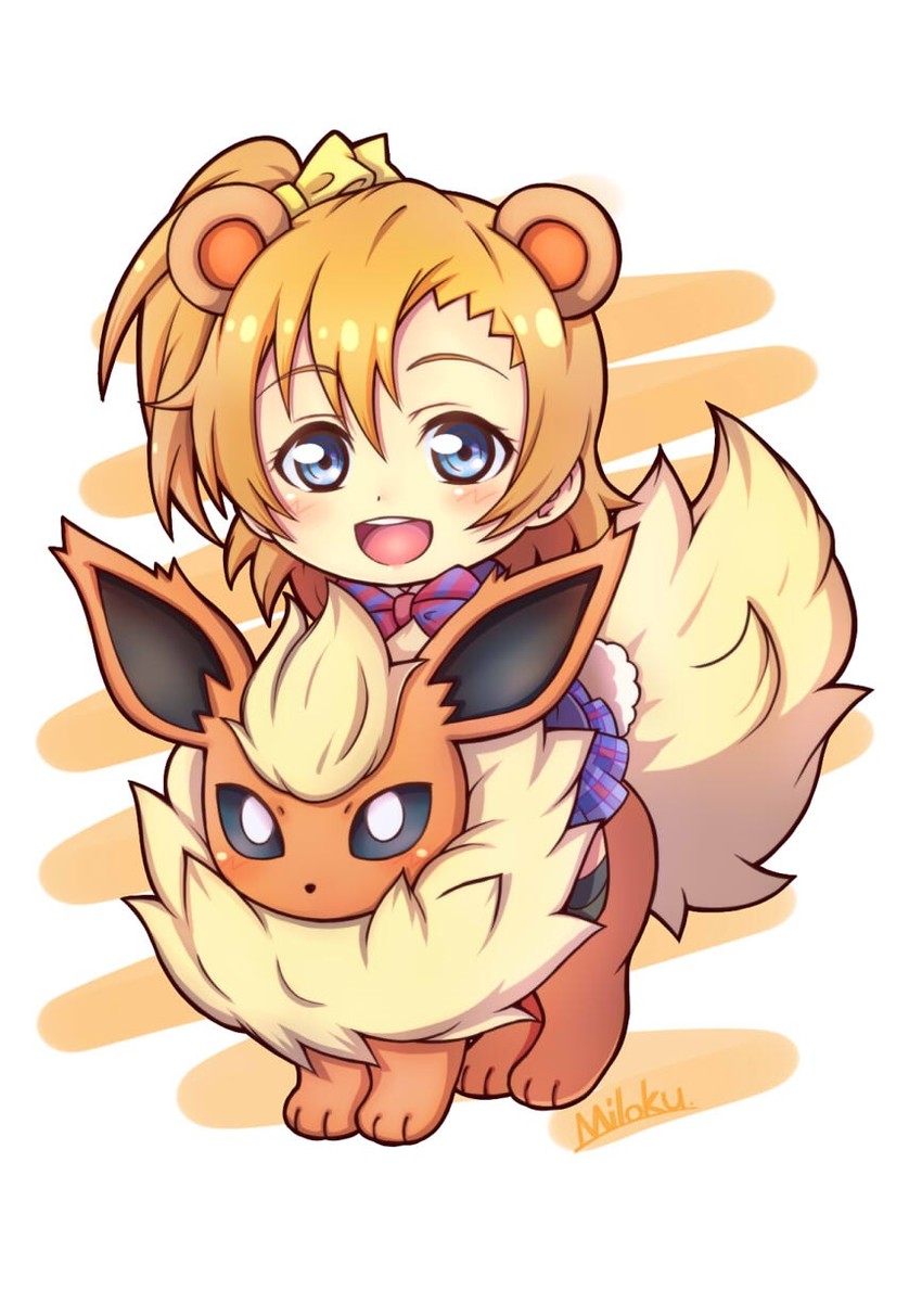 kosaka honoka and flareon (pokemon and 2 more) drawn by miloku
