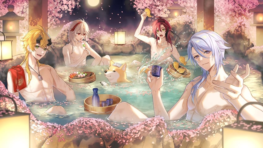 kaedehara kazuha, kamisato ayato, thoma, shikanoin heizou, and taroumaru (genshin impact) drawn by kawausoman