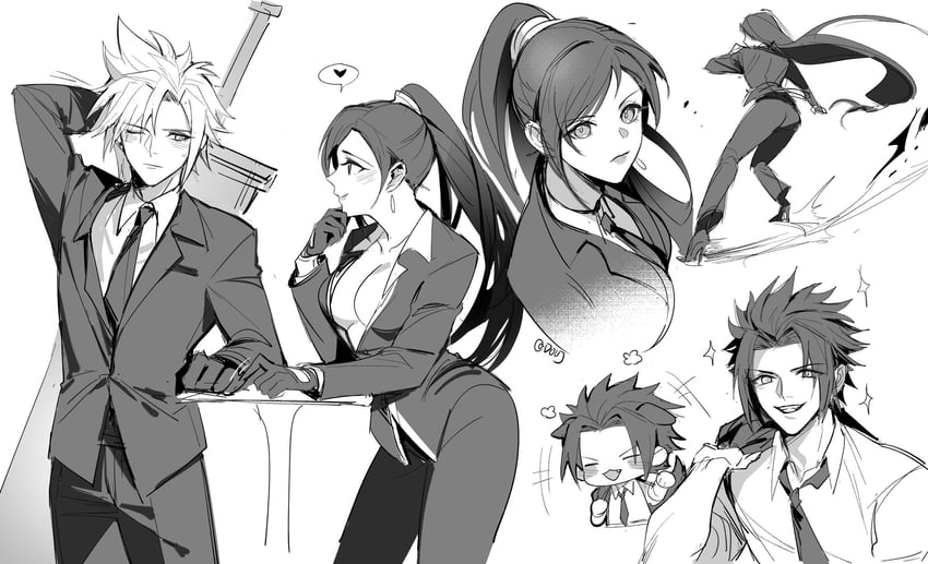 tifa lockhart, cloud strife, and zack fair (final fantasy and 2 more) drawn by duoj_ji