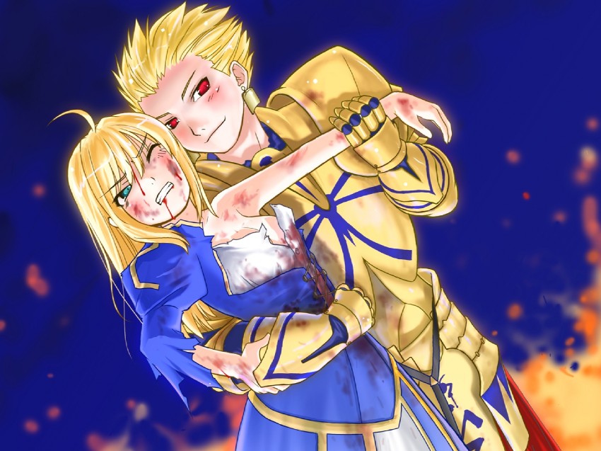 artoria pendragon, saber, and gilgamesh (fate and 1 more) drawn by mozu_(peth)