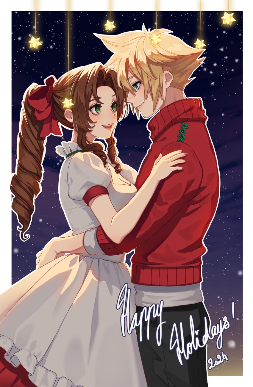 cloud strife and aerith gainsborough (final fantasy and 2 more) drawn by mochee_bi