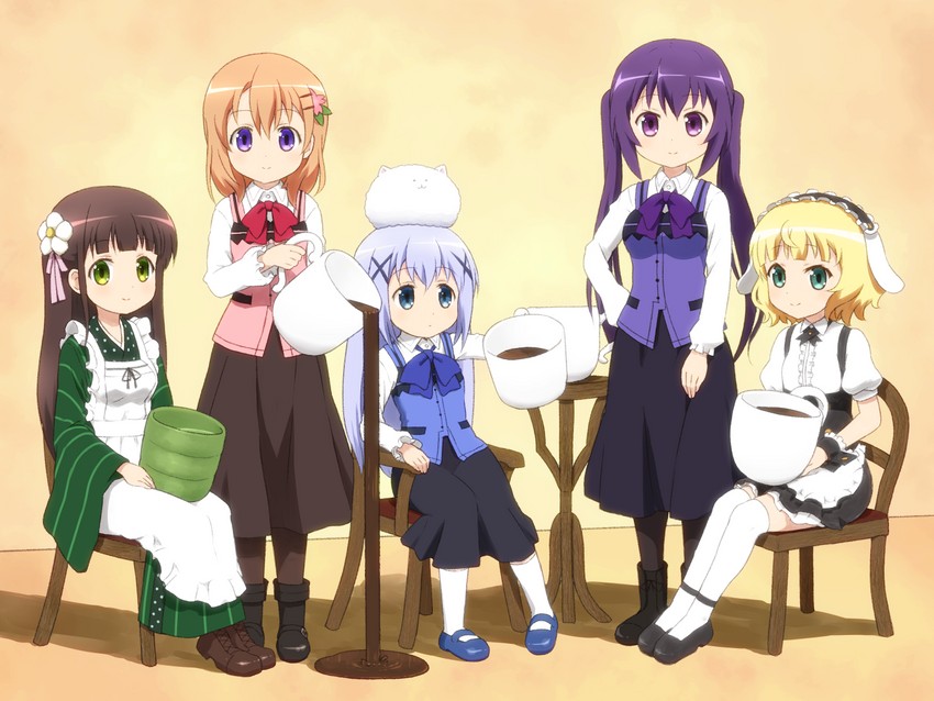 kafuu chino, hoto cocoa, kirima syaro, tippy, tedeza rize, and 1 more (gochuumon wa usagi desu ka?) drawn by shirosato