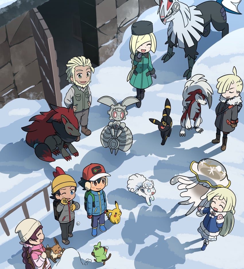 pikachu, ash ketchum, eevee, umbreon, lusamine, and 12 more (pokemon and 1 more) drawn by shuan_0420