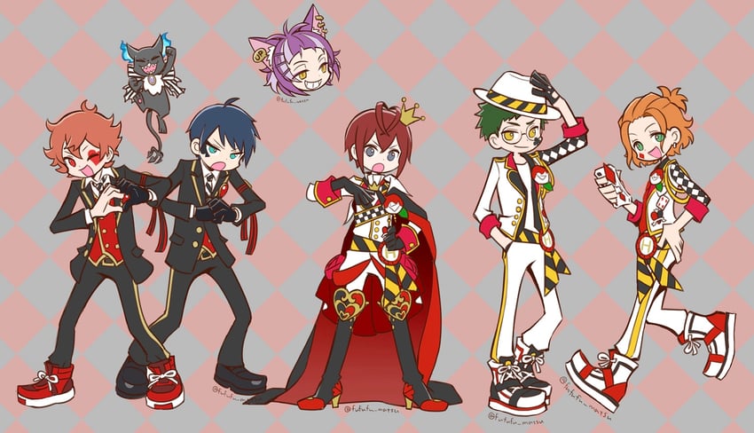 ace trappola, riddle rosehearts, grim, deuce spade, trey clover, and 2 more (twisted wonderland) drawn by funuyu