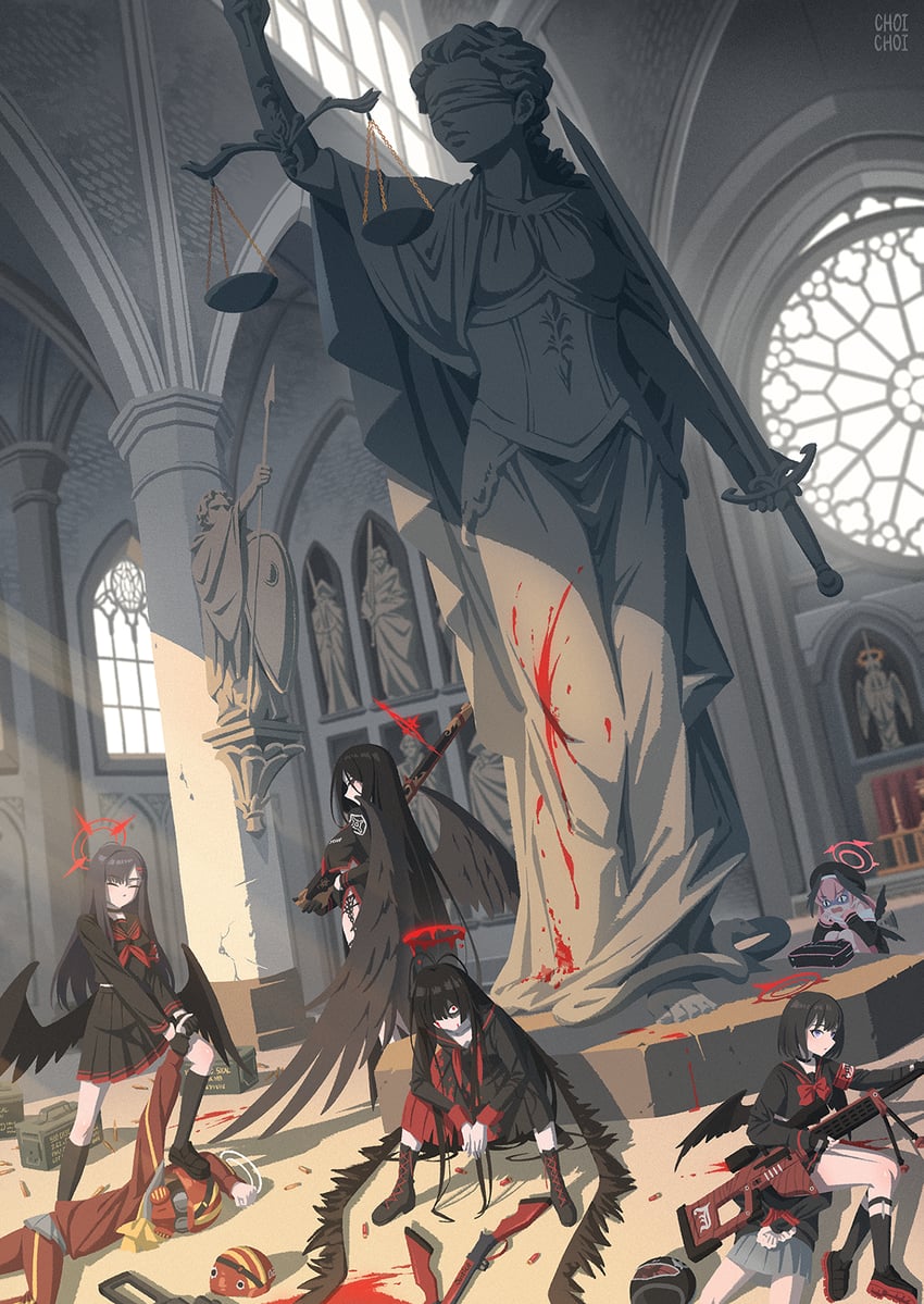 koharu, hasumi, ichika, tsurugi, mashiro, and 1 more (blue archive) drawn by iohc_choi