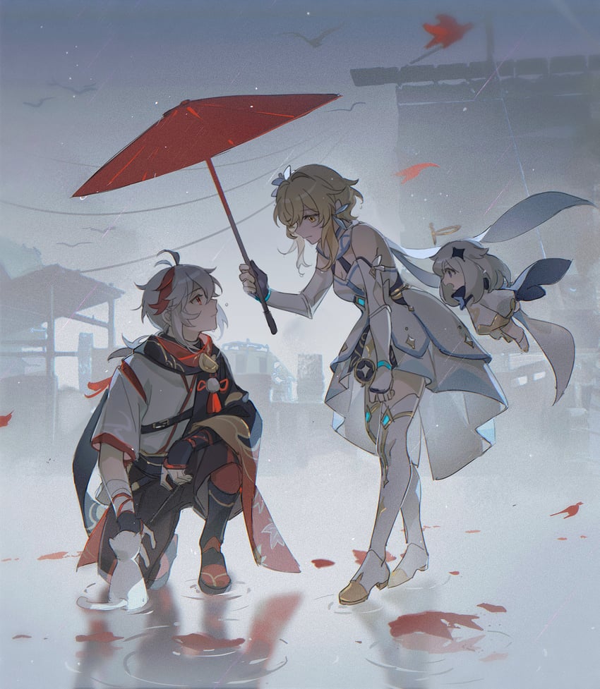 lumine, paimon, and kaedehara kazuha (genshin impact) drawn by menglin393