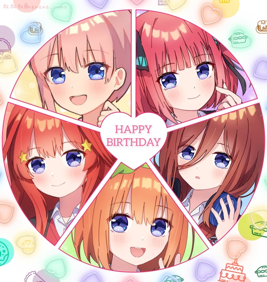 nakano nino, nakano miku, nakano yotsuba, nakano ichika, and nakano itsuki (go-toubun no hanayome) drawn by nene_man