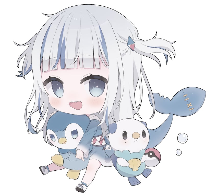 gawr gura, piplup, and oshawott (pokemon and 2 more) drawn by hocmiya