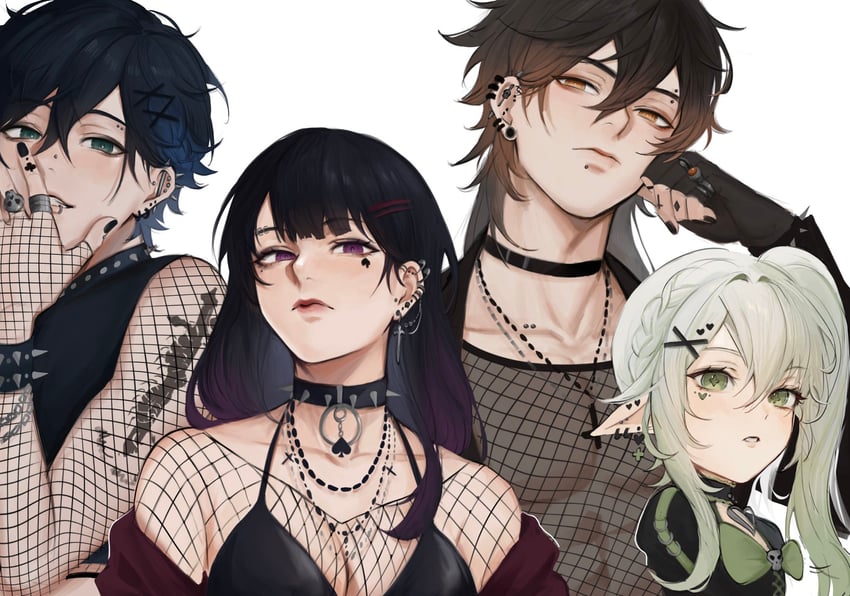 raiden shogun, nahida, zhongli, and venti (genshin impact) drawn by nokkusuart